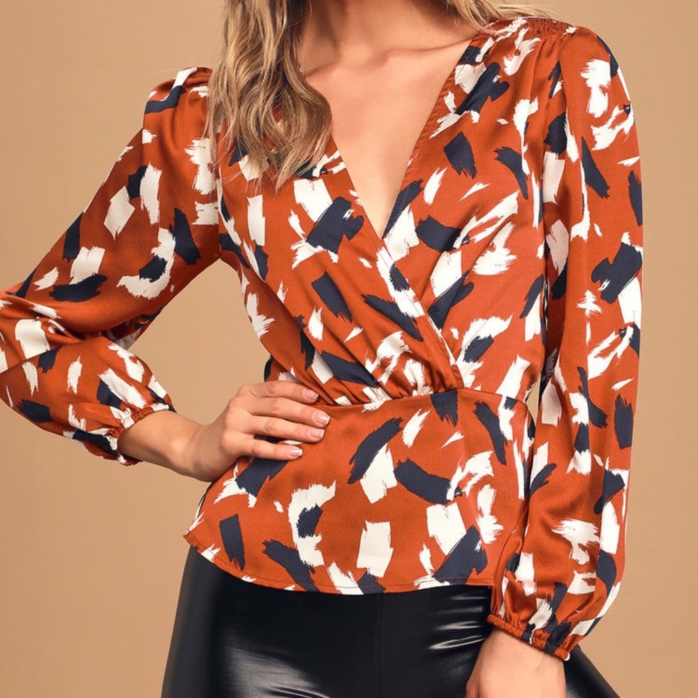 Savvy Style Rust Brown Print Satin Long Sleeve Top